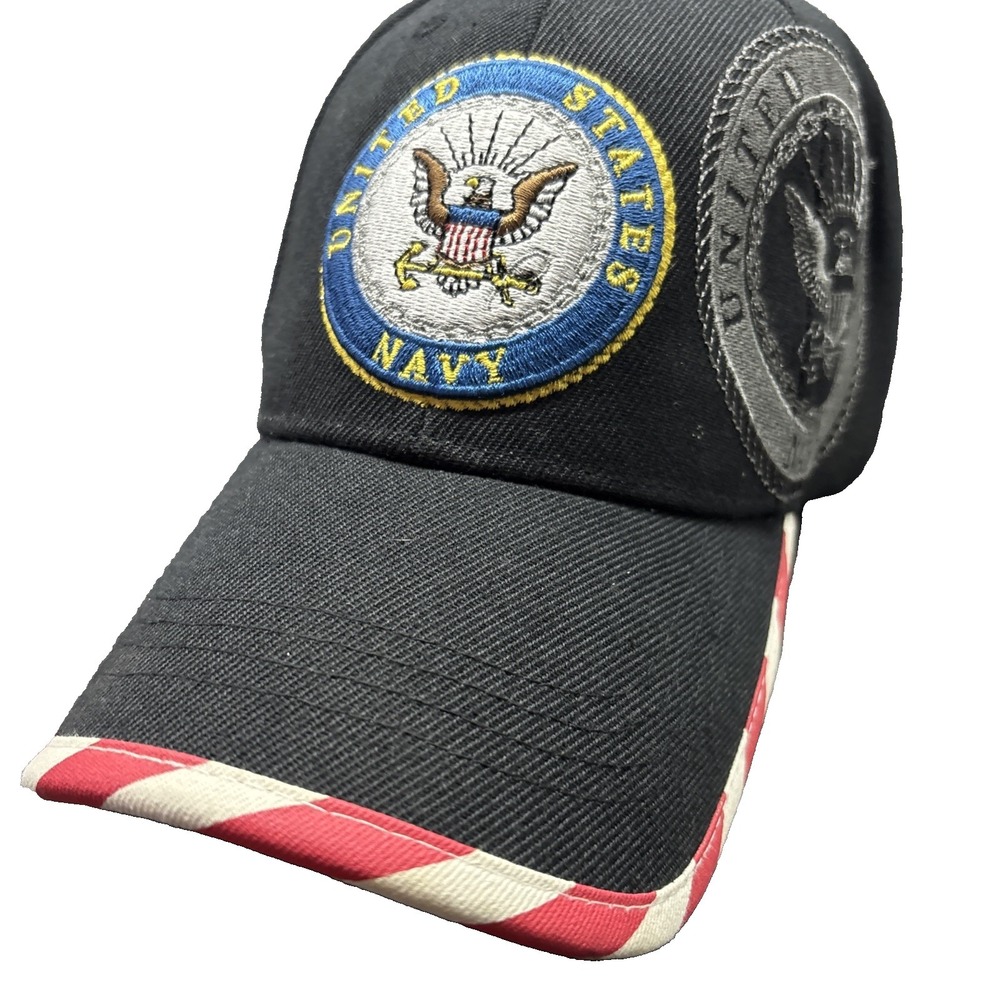 U.S. Navy Black Embroidered Hat Ball Cap (Licensed) American Flag Rim